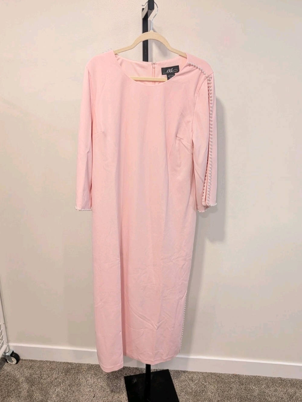 Midnight Velvet Pale Pink Pearl-Trim Long Sleeve Sheath Dress